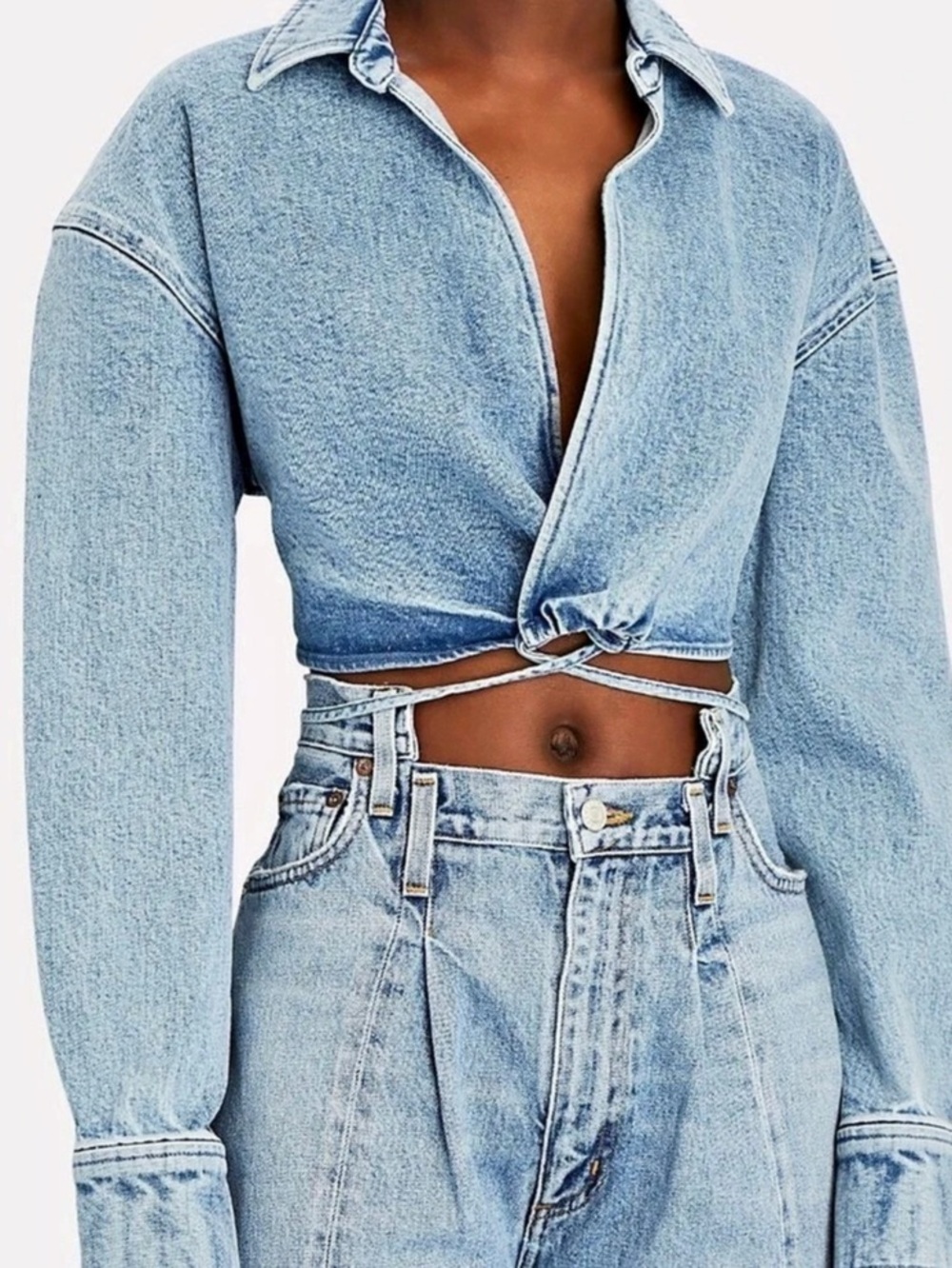 Le Jean Arielle Cropped Denim Wrap Top Blue
